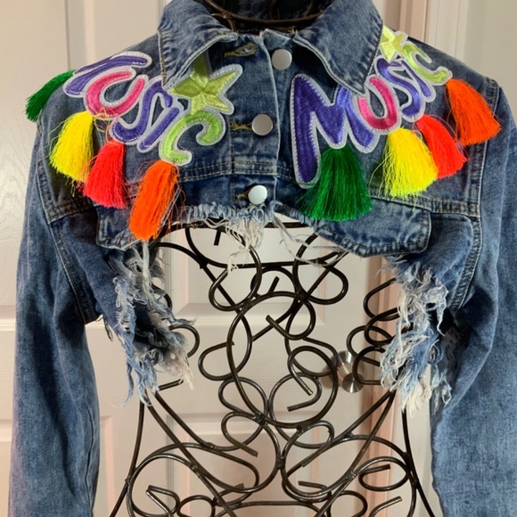 Music Embroidered Denim Tassel Multicolor Crop Jean Jacket Plus Size 3X - Picture 9 of 11